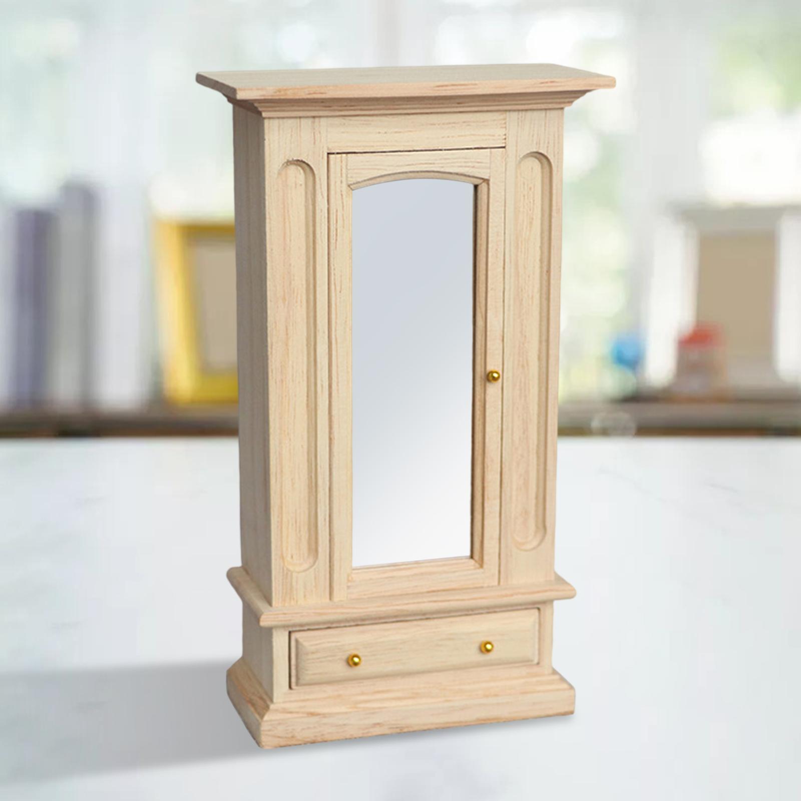 Unpainted Wood Wardrobe Mirror Closet for 1:12 Dollhouse Furniture Bedroom