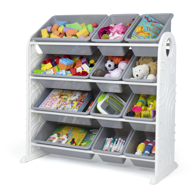 Your Zone White Kids Plastic Toy Storage Organizer with 12 Multi Colored Plastic Storage Bins (Blue/Grey)