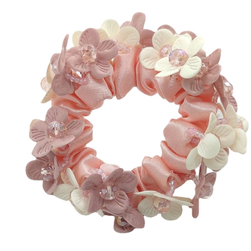 Eleganter großer Blumen-Haargummi, Perlenkristall-Haarring, Gummiband, Dutt, Stoff, elastisches Haargummi, koreanische Accessoires, Omar Nadel – Detail 4