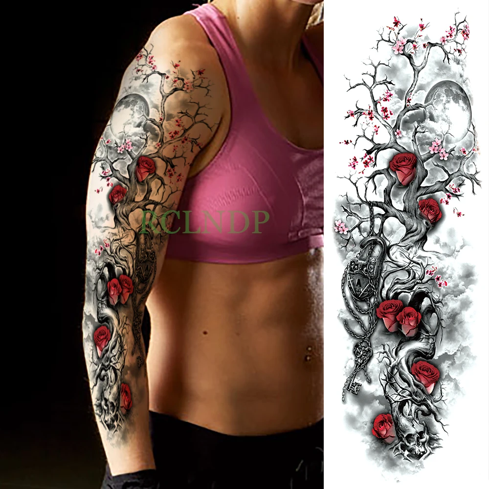 Wasserdichter temporärer Tattoo-Aufkleber, Rose, Pflaumenblüte, voller Arm, Fake-Tattoo, Flash-Tattoo-Ärmel, große Größe für Männer, Frauen, Mädchen, Dame – Detail 1