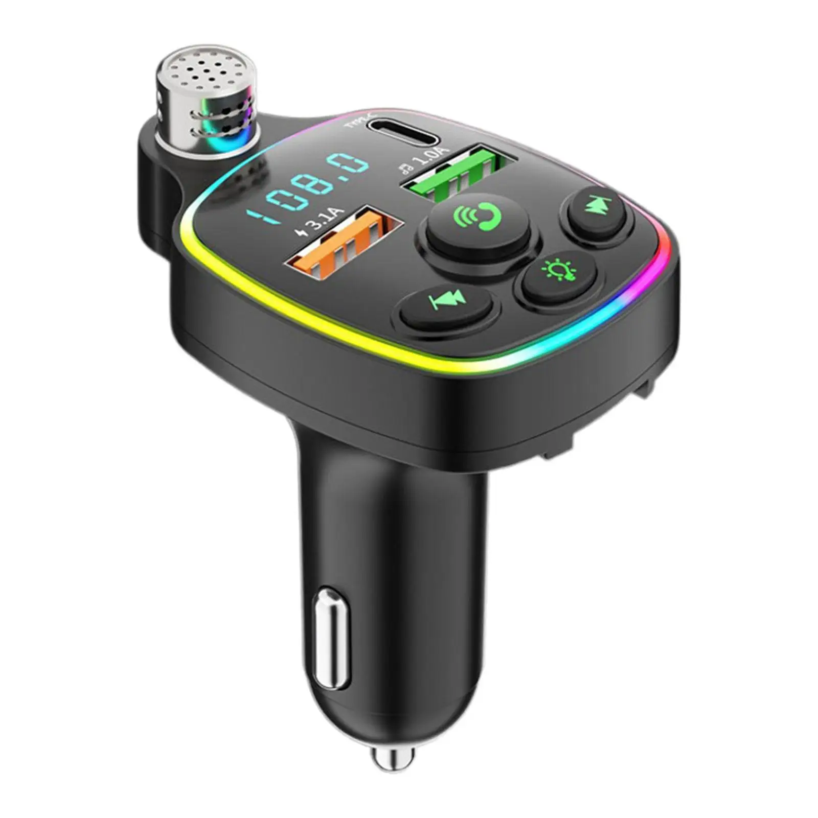 Car Adapter Fast Charging Handsfree Calling Portable LED Backlit LED Display USB and Type-c Ports Wireless FM Radio Transmitter