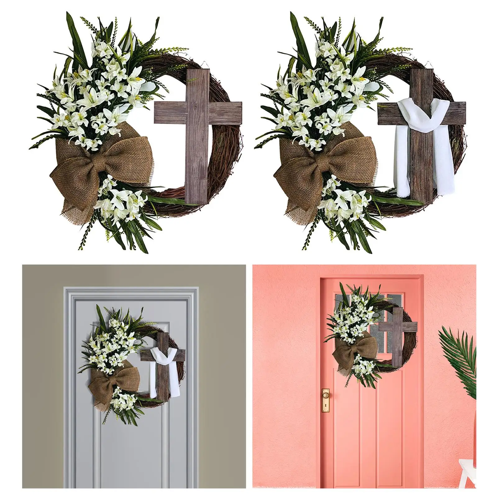 13.78'' Easter Wreath with Cross Grapevine with Burlap Decor DIY for Holiday Wedding Front Door Decoration Holiday Decor Spring