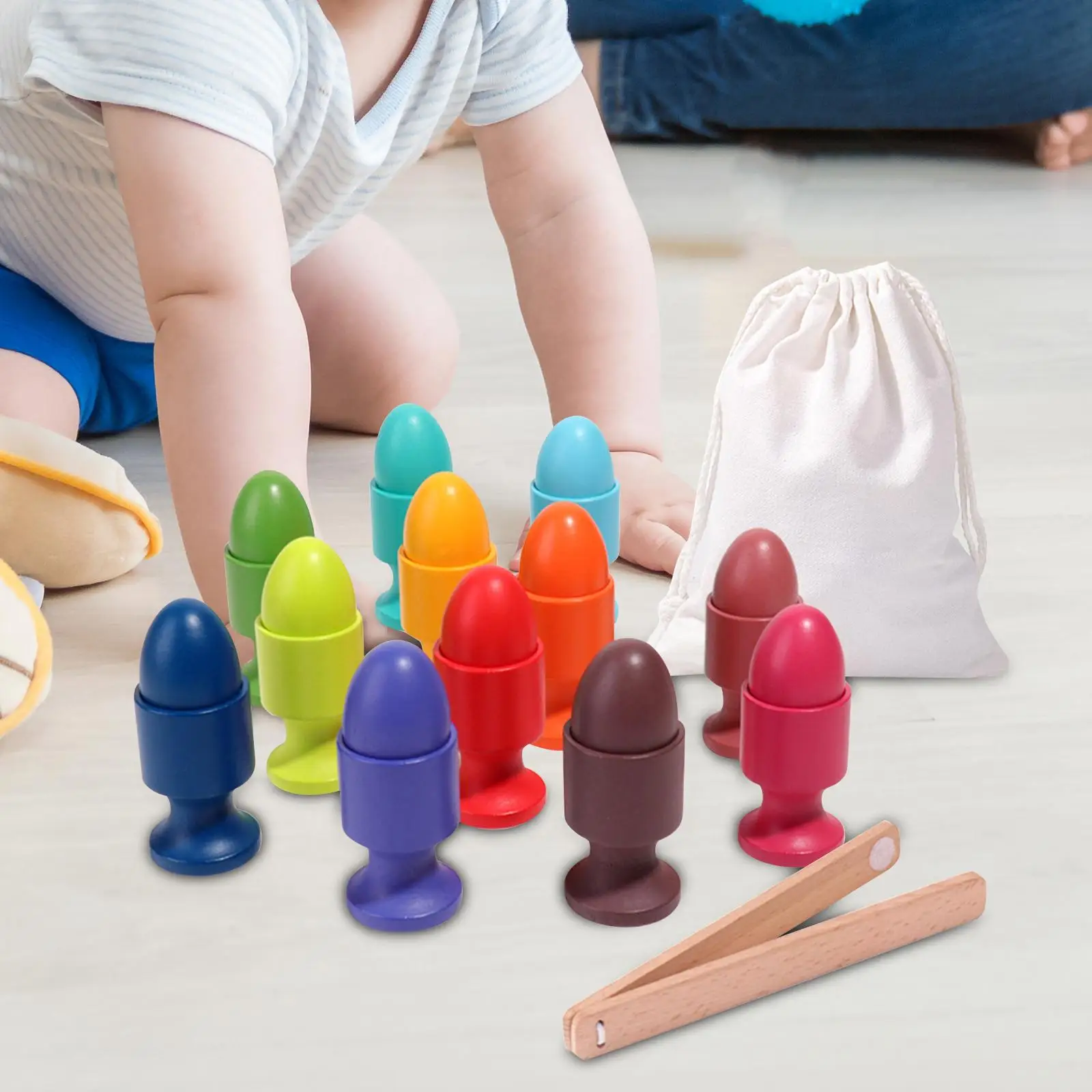 Color Sorting Color Sorting Game with Tongs and Storage Bag Wooden Eggs and Cups Set for Kids Boys Preschool Holiday Gifts