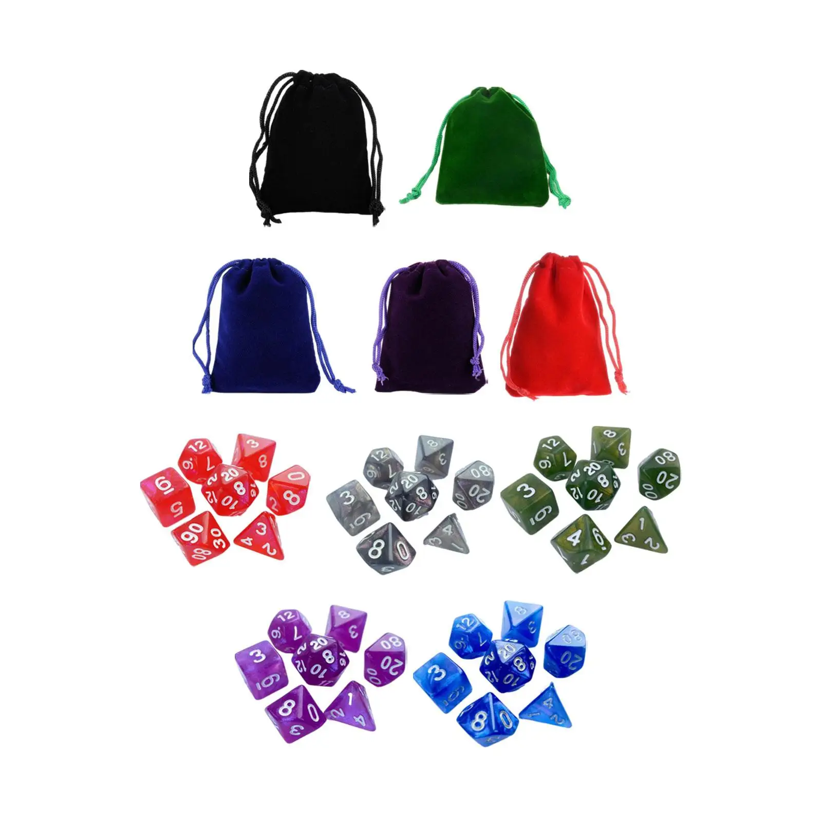 35Pcs Polyhedral Dices Set D20 D12 D10 D8 D6 D4 with Velvet Dice Bag Acrylic Gaming Dices for Math Counting Teaching Aids