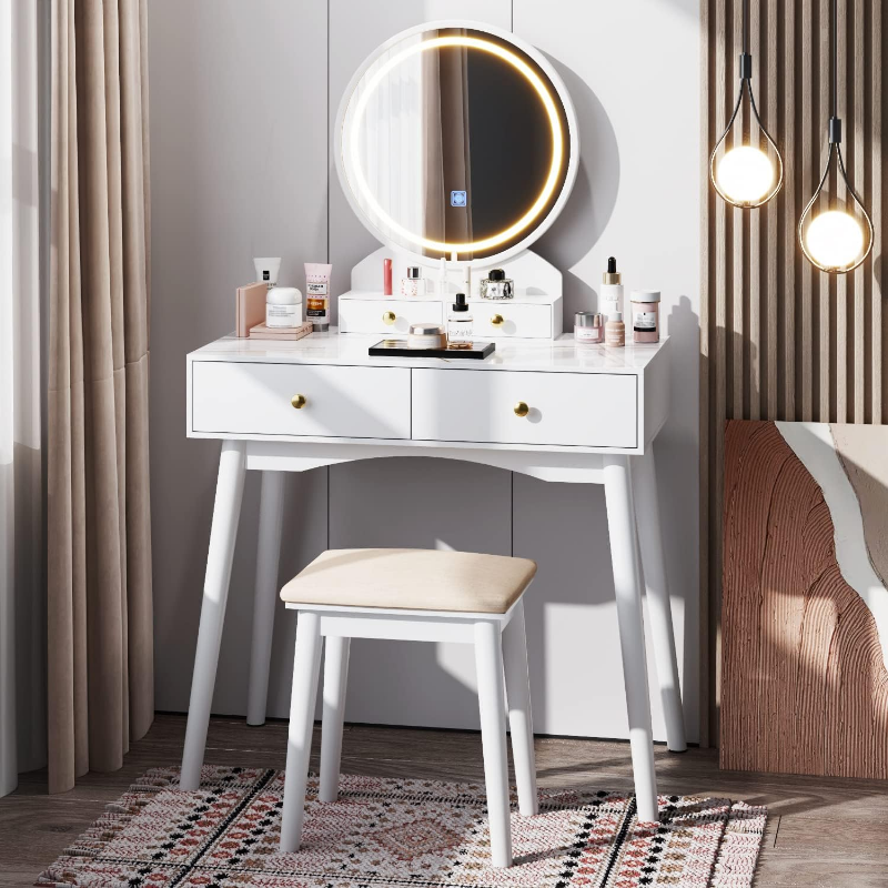 Description Picture 2 of itemFurmax Vanity Desk Makeup Vanity Table with Lighted Mirror Vanity Set with Modern Desktop , 4 Storage Drawers, 3 Colors