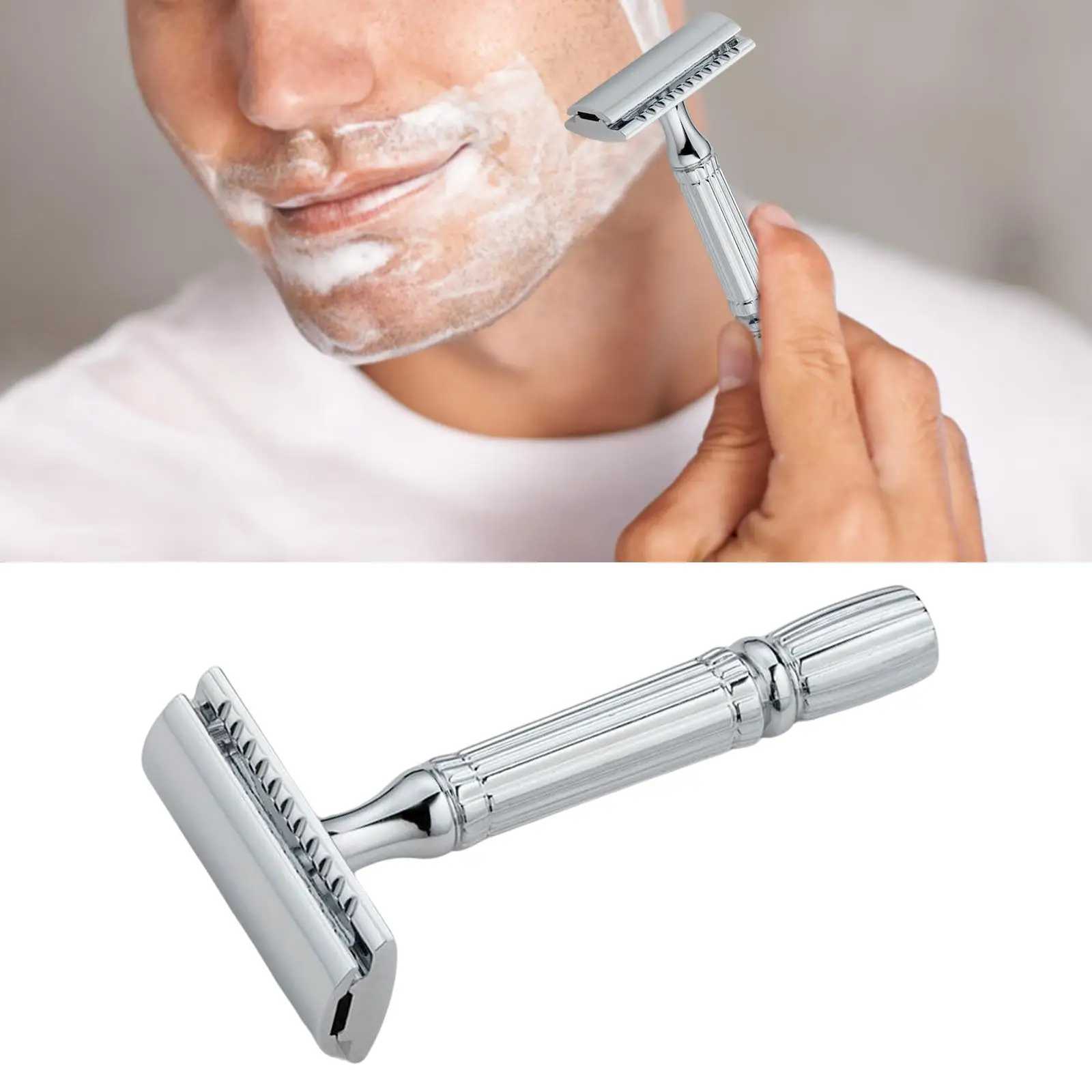 Double Edge Safety , Zinc Alloy Long Handle   for Men, Barber Shop, Home Use, with 5 Premium Stainless Steel 