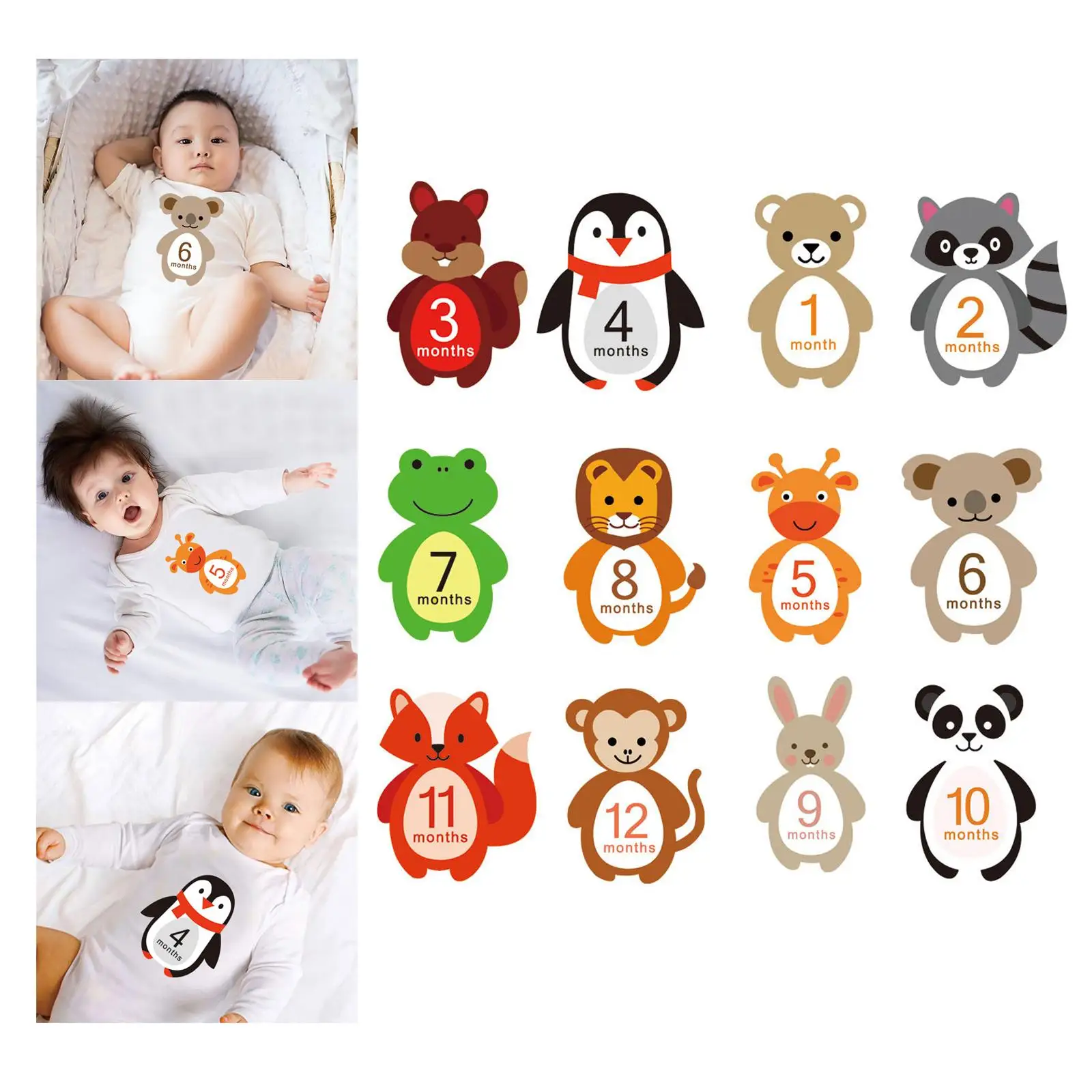 12 Pieces Bby Monthly Stickers Crtoon niml Shped Milestone Stickers Gender Neutrl 1-12 Month Posing Props Bby Shower