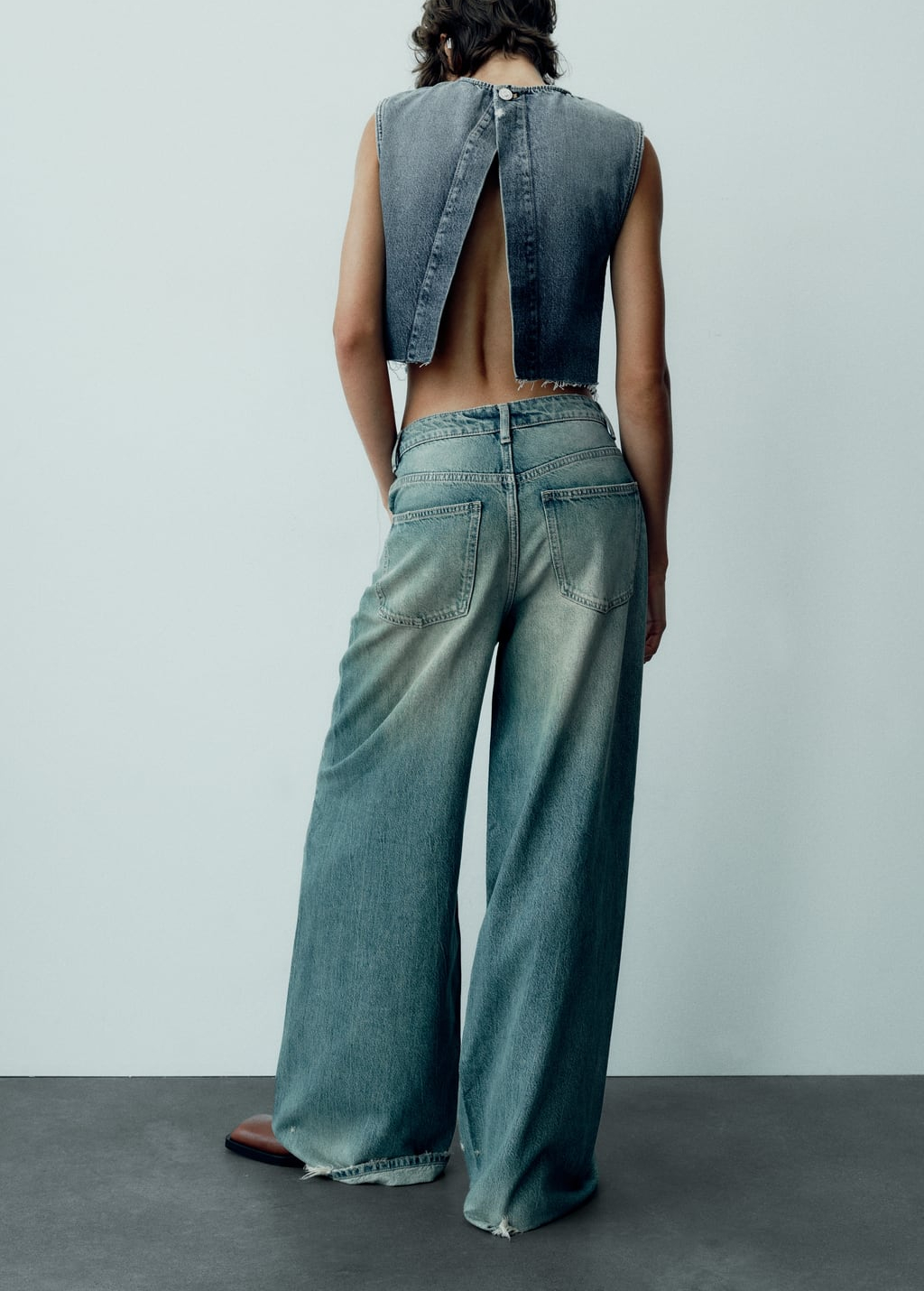 Autunno Donna Giacca di jeans oversize Jeans a gamba larga Abito con risvolto Maniche lunghe Giacca di jeans Cappotto Jeans strappati a gamba larga a vita bassa_voghion.com