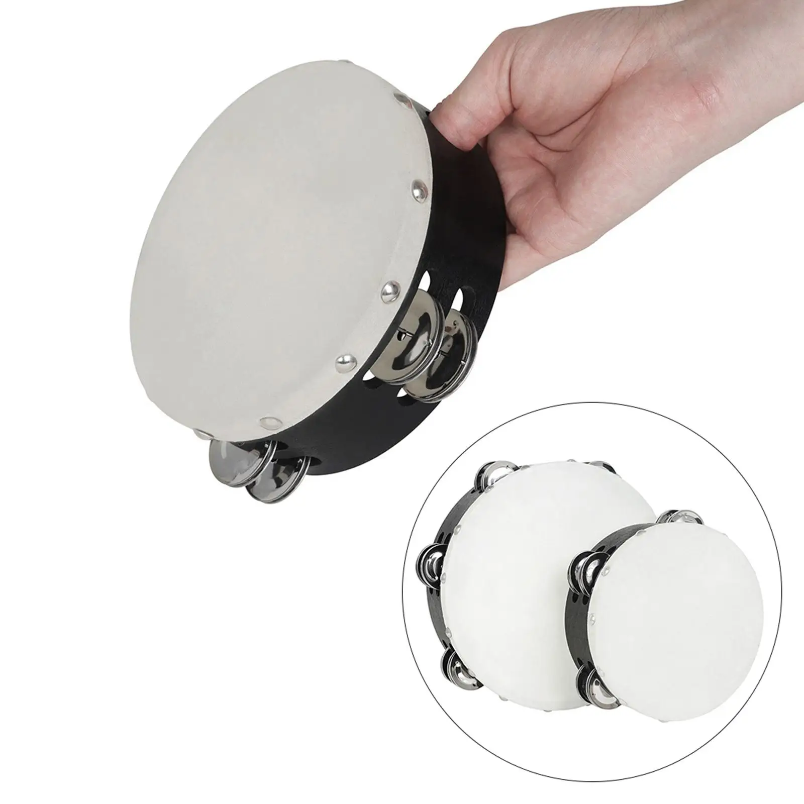 2Pcs 8in 6in Tambourine Hand Percussion Metal Bell Drum Manual Wooden Tambourine for Games Family Activity Church Kids