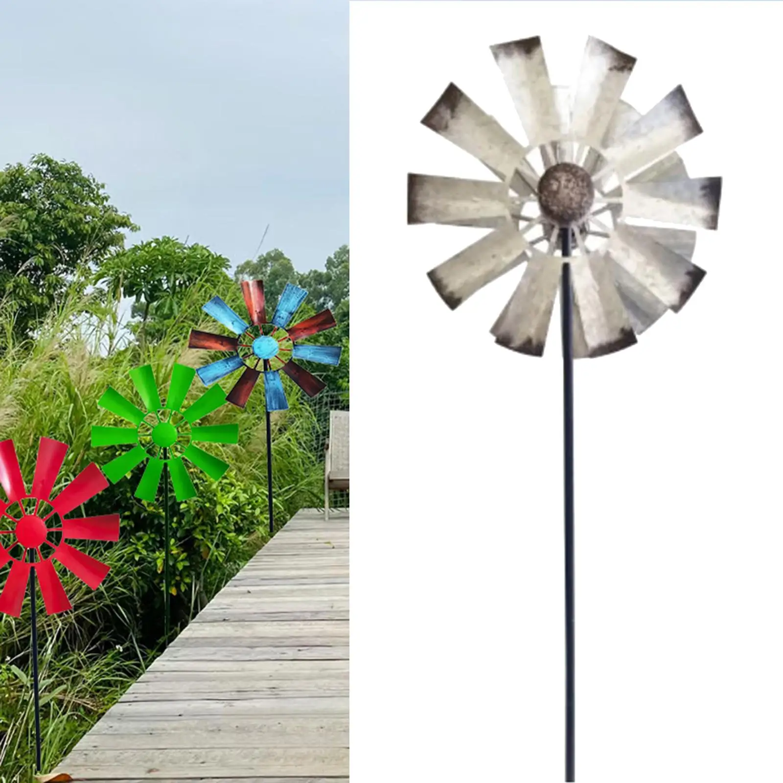 28in Windmill Decor Metal Rustic Ground Plug Wind Spinner Stake Rotating for Garden Backyard Lawn Terrace Courtyard