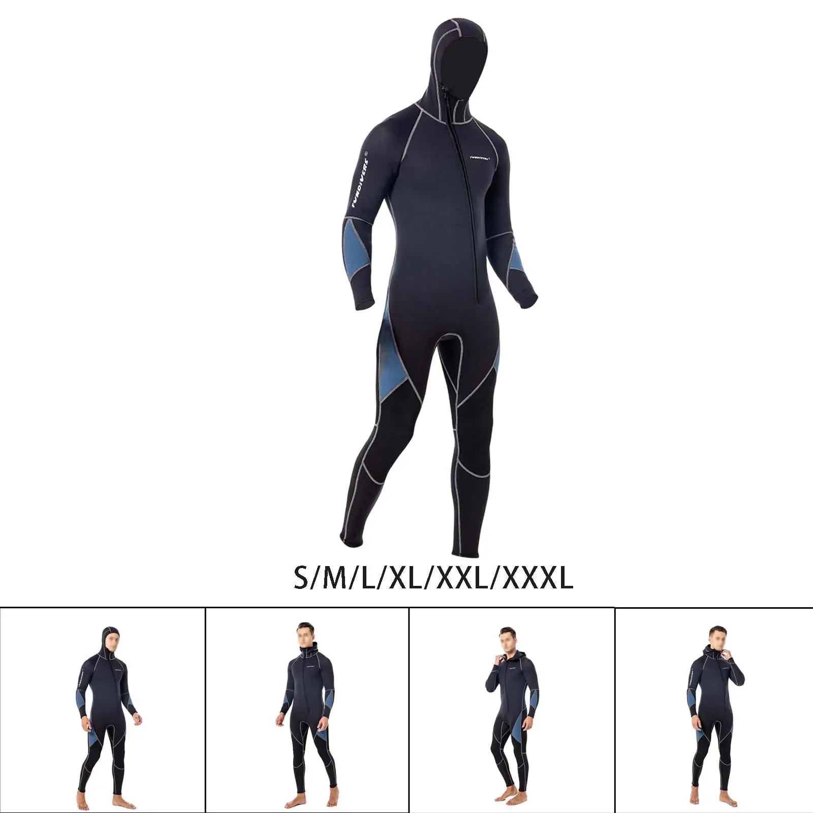 Man Hooded Wetsuit, Long Sleeve Portable Full Body Wetsuit for Kayaking Diving