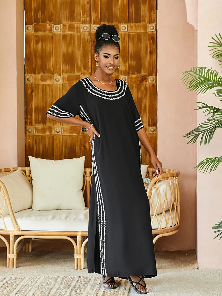 New Kaftan Dress Black Embroidery Swim suit Cover up Summer O neck Boho Dress Rpbe De Plage Tunic for Beach Pareos Loungewear