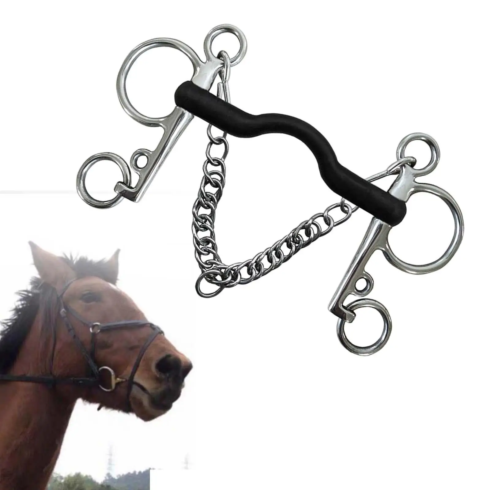 Western Style Horse Bit, Mouth W/Curb Hooks Chain, Stainless Steel with Silver
