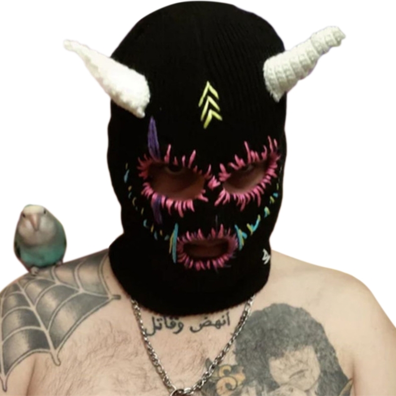 Frauen Gestrickte Kappen mit Teufel Hörner Halloween Horror Beanie Ski Maske für Männer – Detail 5