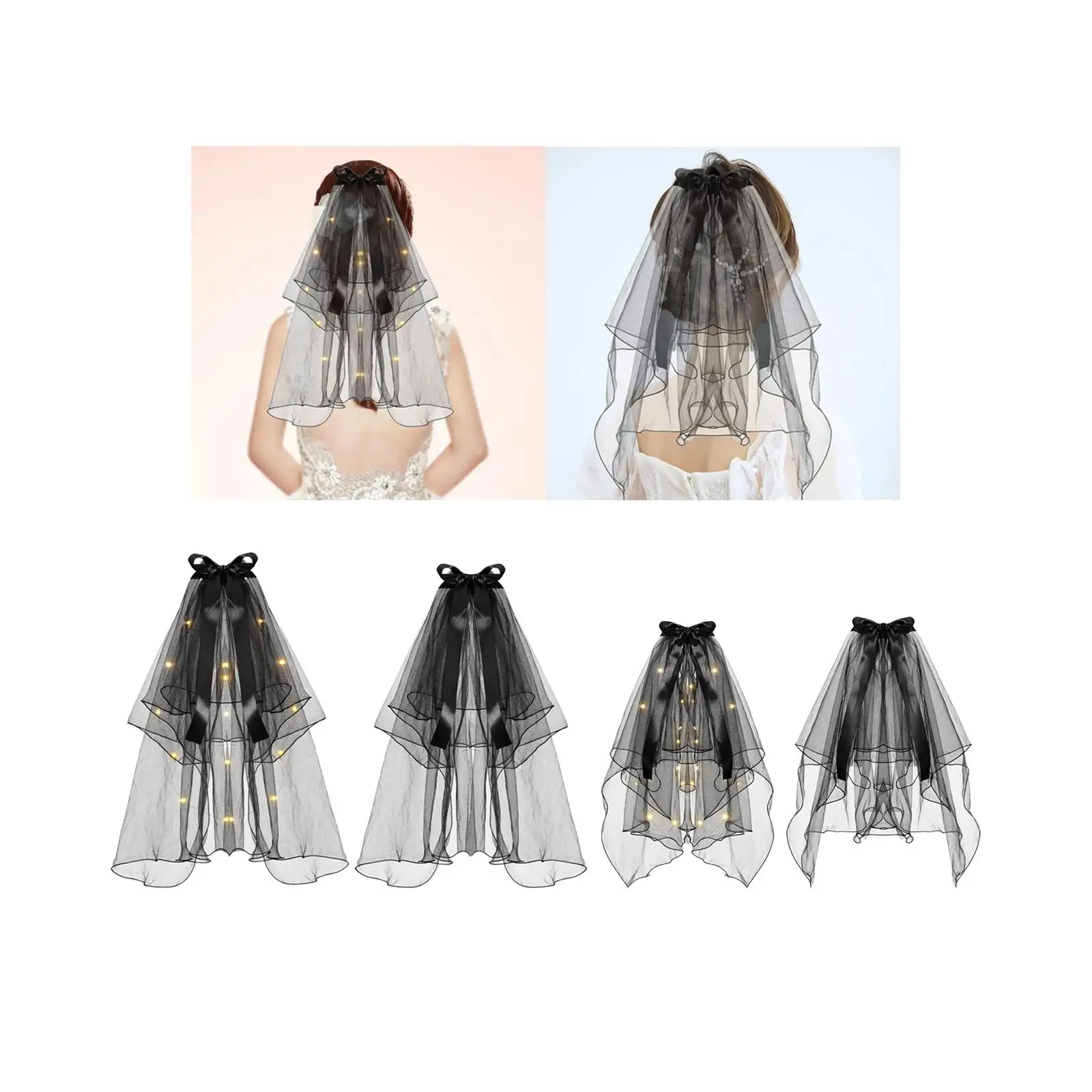 Bridal Veil with Hairpin Ribbon Bowknot Hair Clip Wedding Veils Headpieces for Stage Show Girls Lady Costume Cosplay Fancy Dress