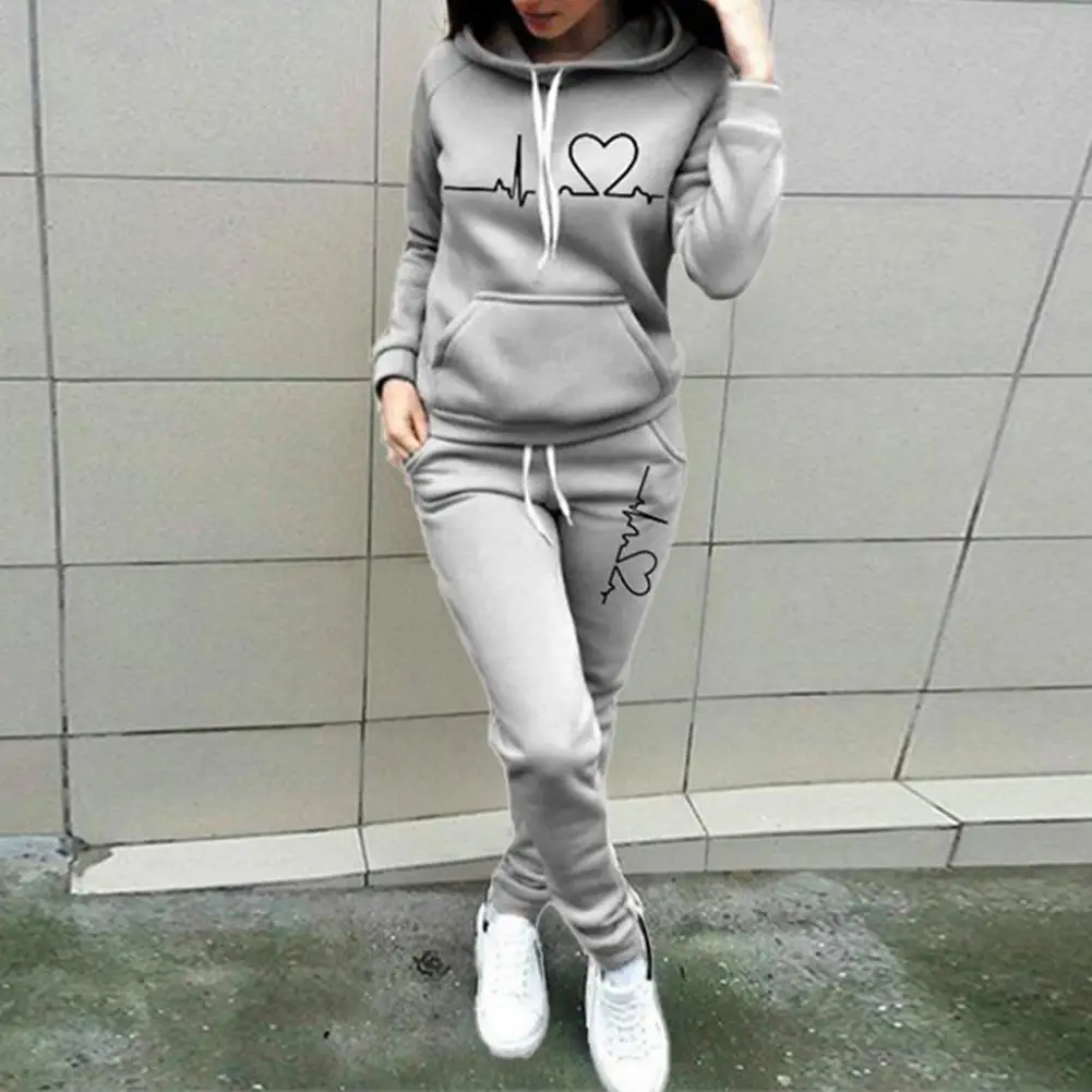 2 Pcs/Set Women's Tracksuits Heart Print Thick Warm Breathable Solid Color Hoodie Suit for Daily Wear set woman 2 pieces mother of the bride pant suits