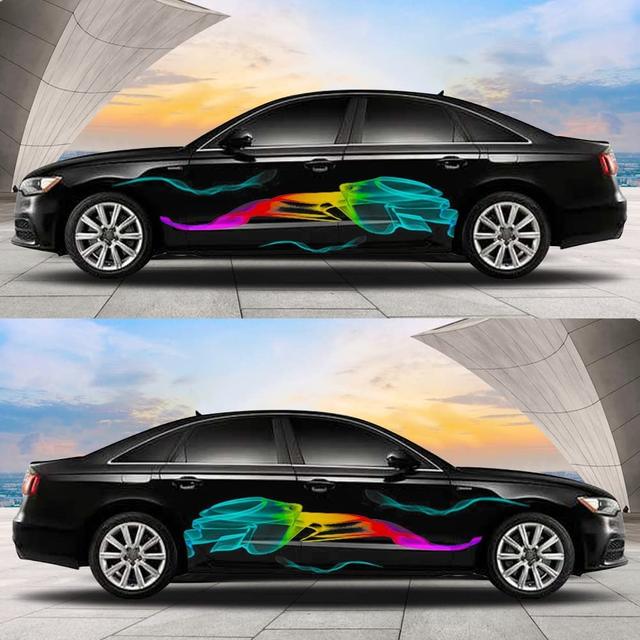 1 Set Rainbow Streamer Graphics Car Auto Body Side Sticker Colourful Smoke  Vinyl Sticker Car Self-Adhesive Side Strip Decal, 82.67'' x 16.53