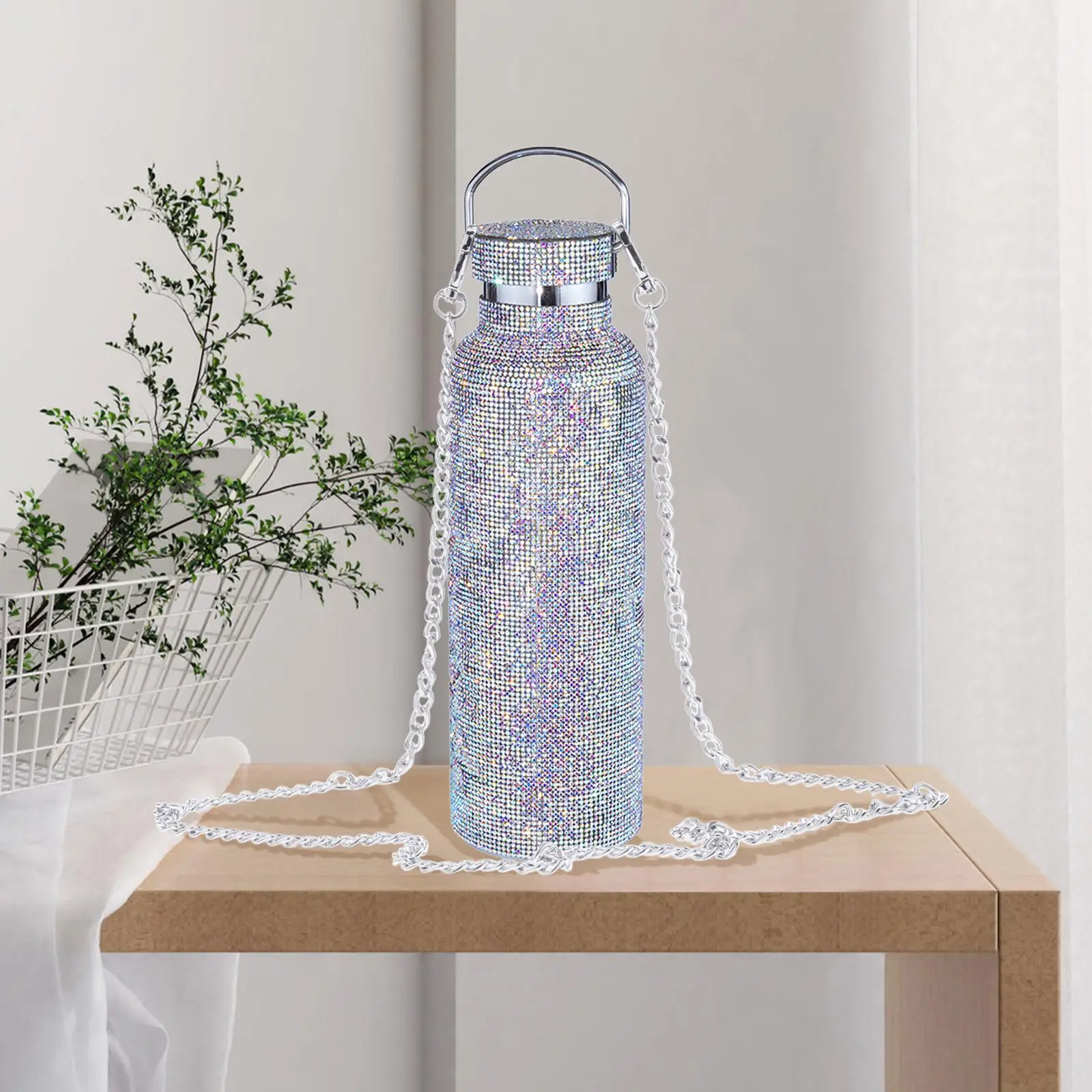 Creative Diamond Water Bottle with Chain 500ml/17oz Portable Glitter Vacuum Flask Mug Insulation Bottle for Women Diamond Kettle