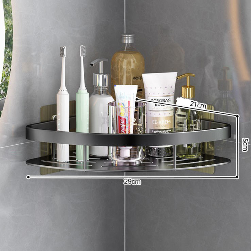 Bathroom corner shelf with toiletries and hanging hooks in use