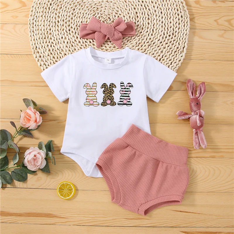 baby clothing set red	 Baby Girls Easter Romper Set, Short Sleeve Rabbit Print Romper Solid Color Waffle Elastic Waist Shorts with Hairband, 0-24Months Baby Clothing Set