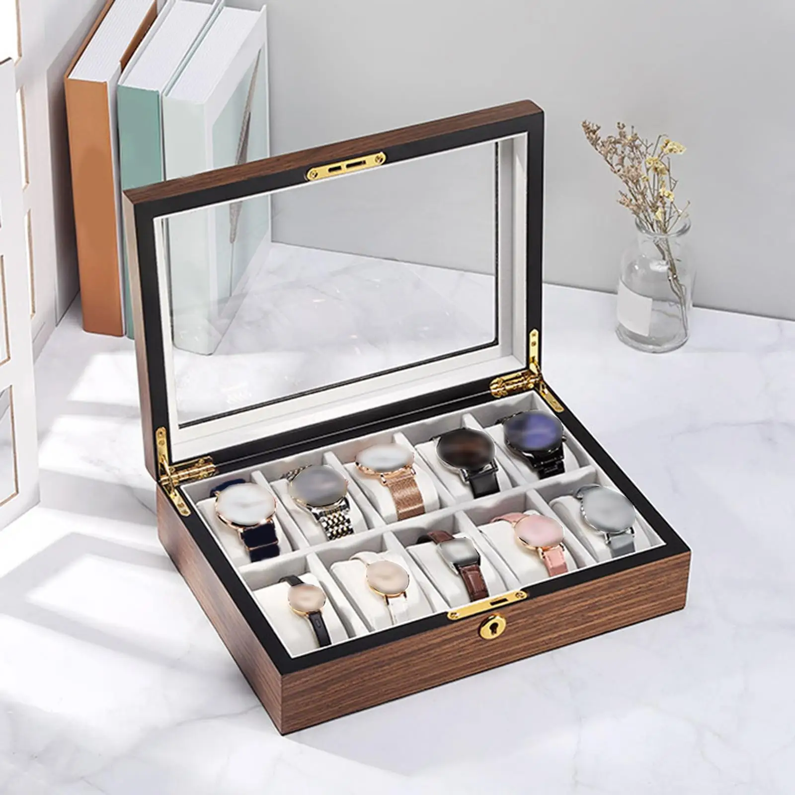 Wooden 10 Slot Watch Box Wrist Watch Storage Case Velvet Lining Lockable Design Clear Top Watches Exquisite Gift Organizer