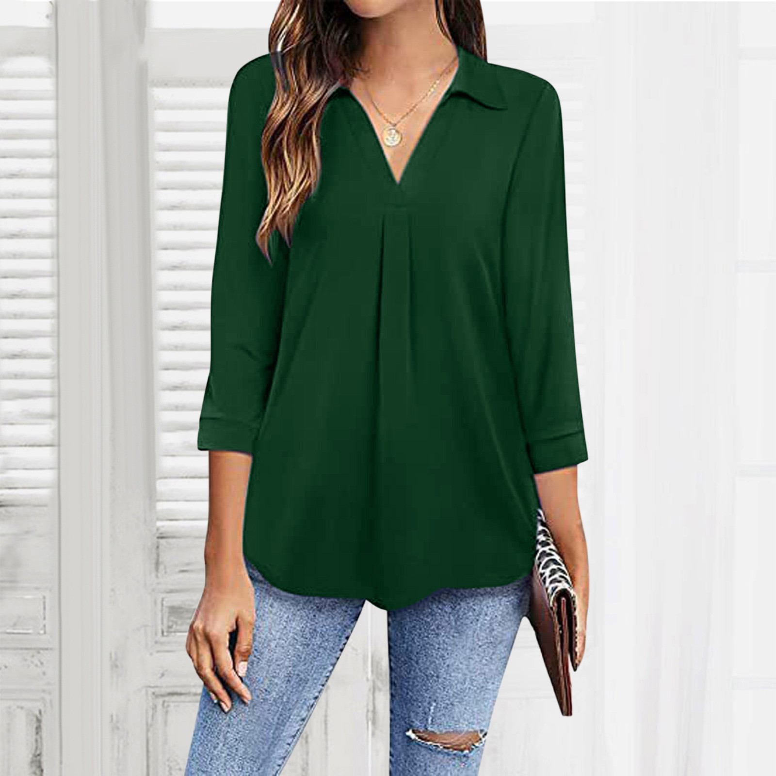 V-neck Pullover Top with Three-Quarter Sleeves