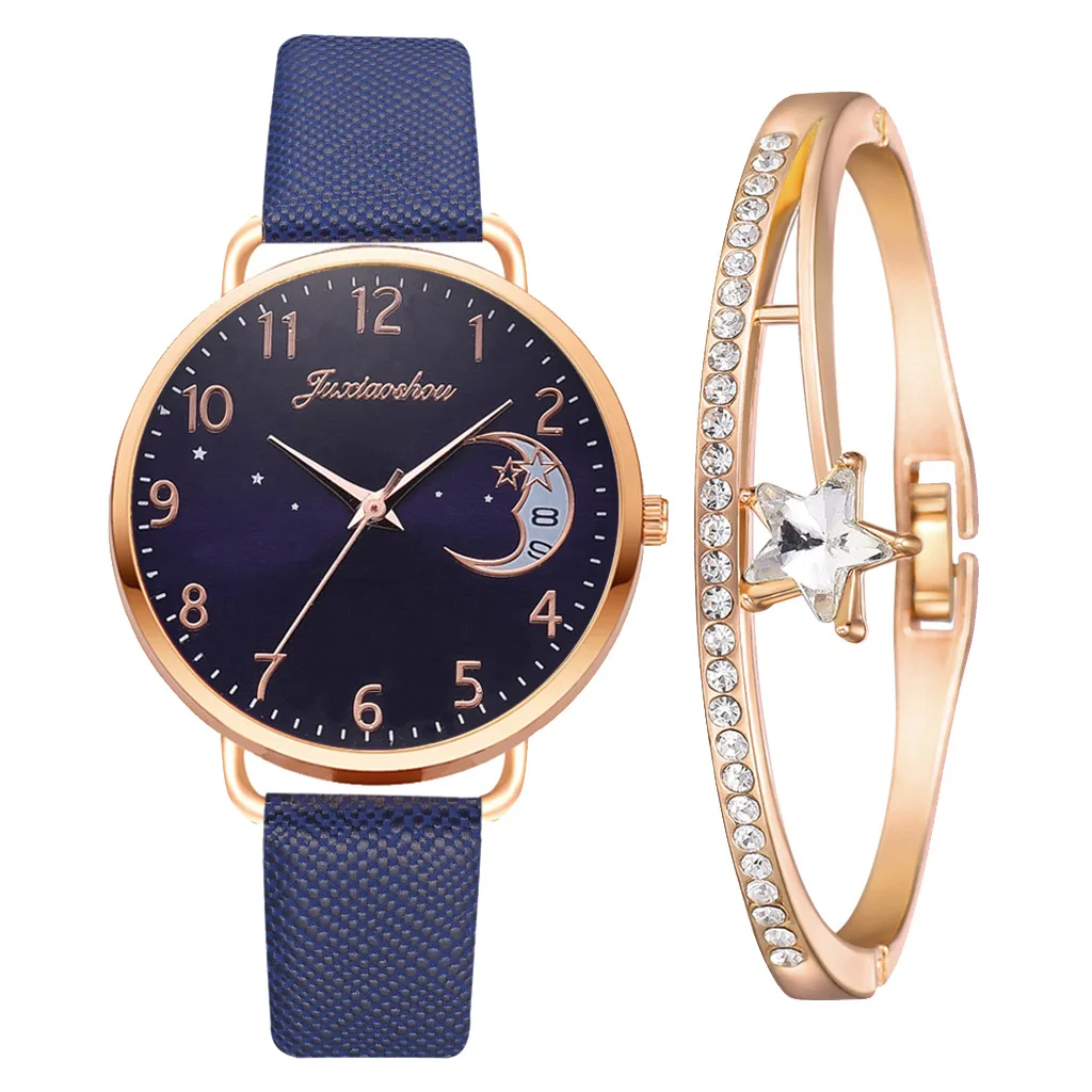 Dropshipping Women Watch Moon Numbers Dial Bracelet Watches Set Ladies Leather Quartz Wristwatch Female Clock relogio feminino