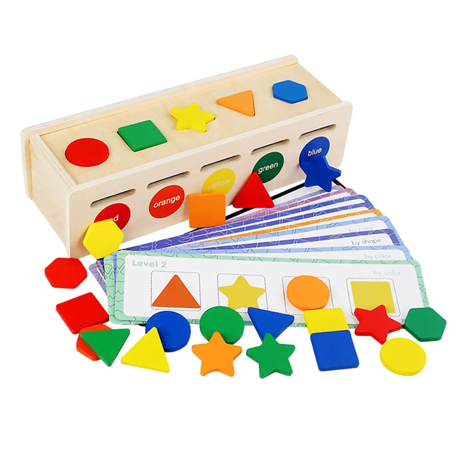 Montessori Toys Color & Shape Sorting Toy Block Puzzles Matching Box, 25 Geometric Blocks and 12 Cards for Children Kids