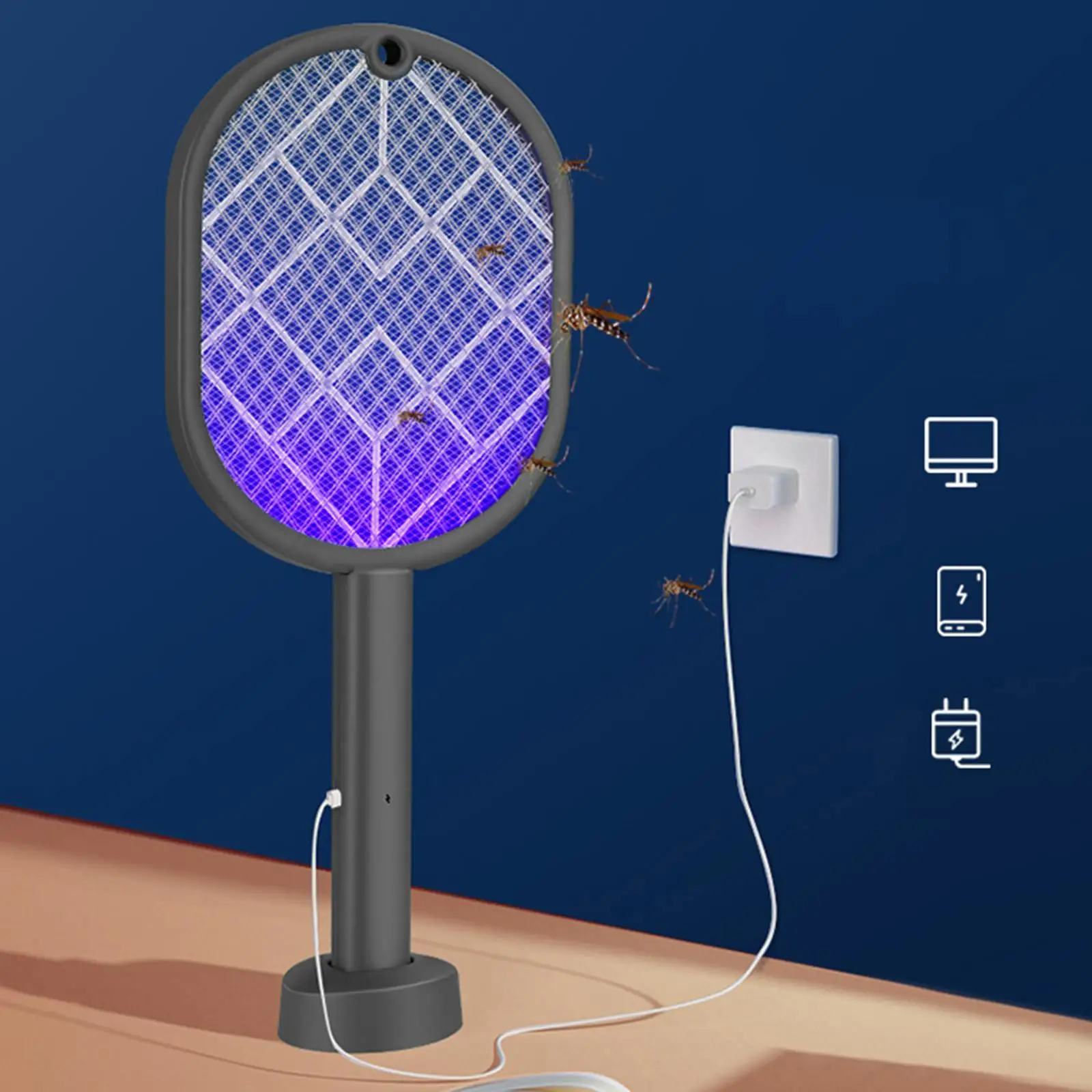 2 in 1 Smart Bug Zapper Table Placing & Hand Holding Electric Fly Swatter Racket for Bedroom Office