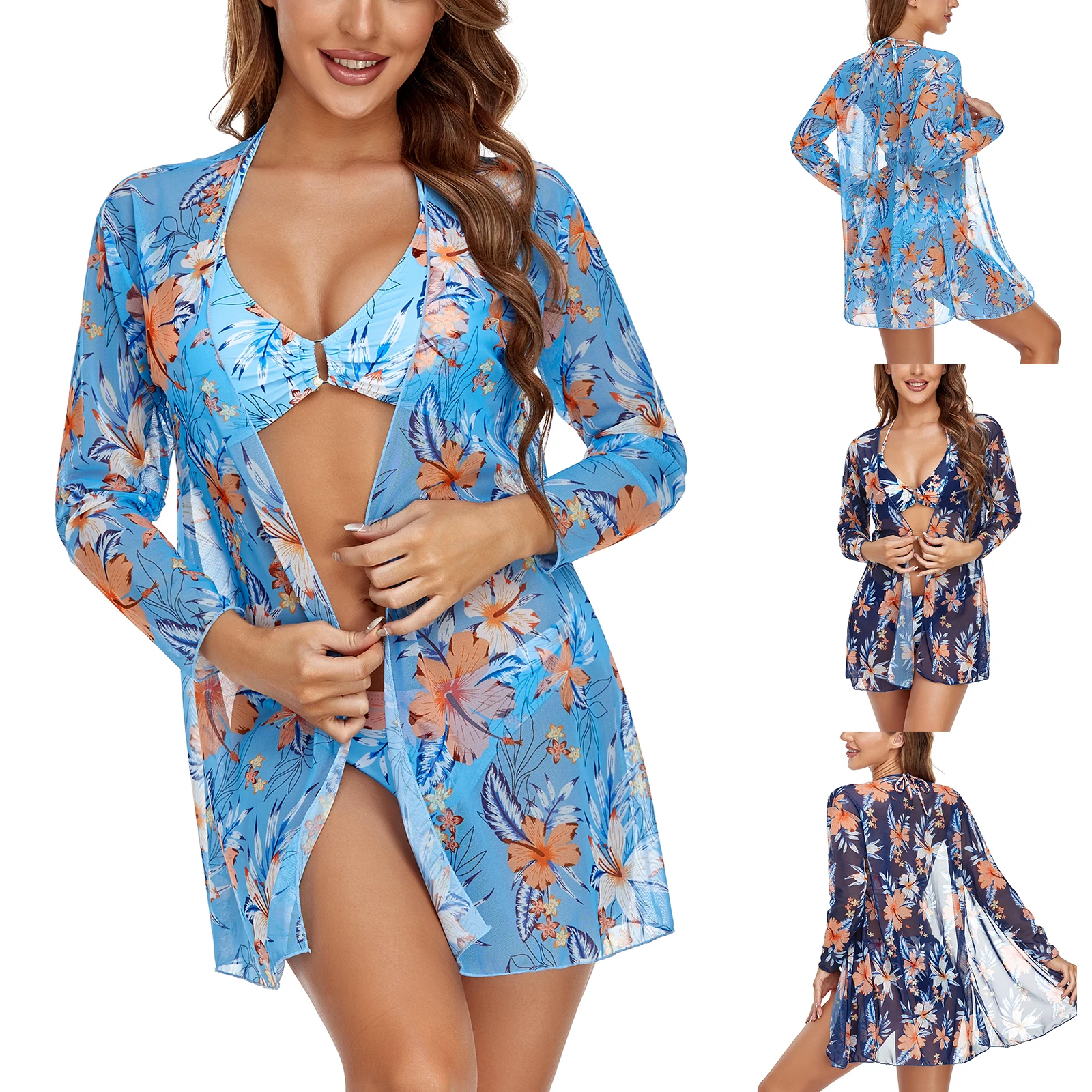 long sleeve beach dress Women Clothing Summer Polyester Cover-Ups Floral Printed Tie-Up Sheer Skirt Long Sleeve Cardigan Cover-Up Beach Wear bathing suit bottom cover up