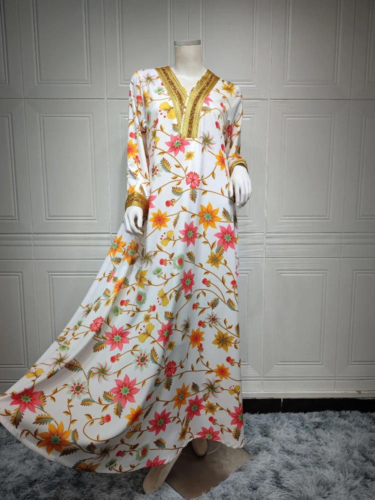 Morocco Muslim Dress Women Floral Print Diamond Abaya Dubai Arabic Party Vestidos Long Kaftan Islamic Clothing Gown Robe 2022