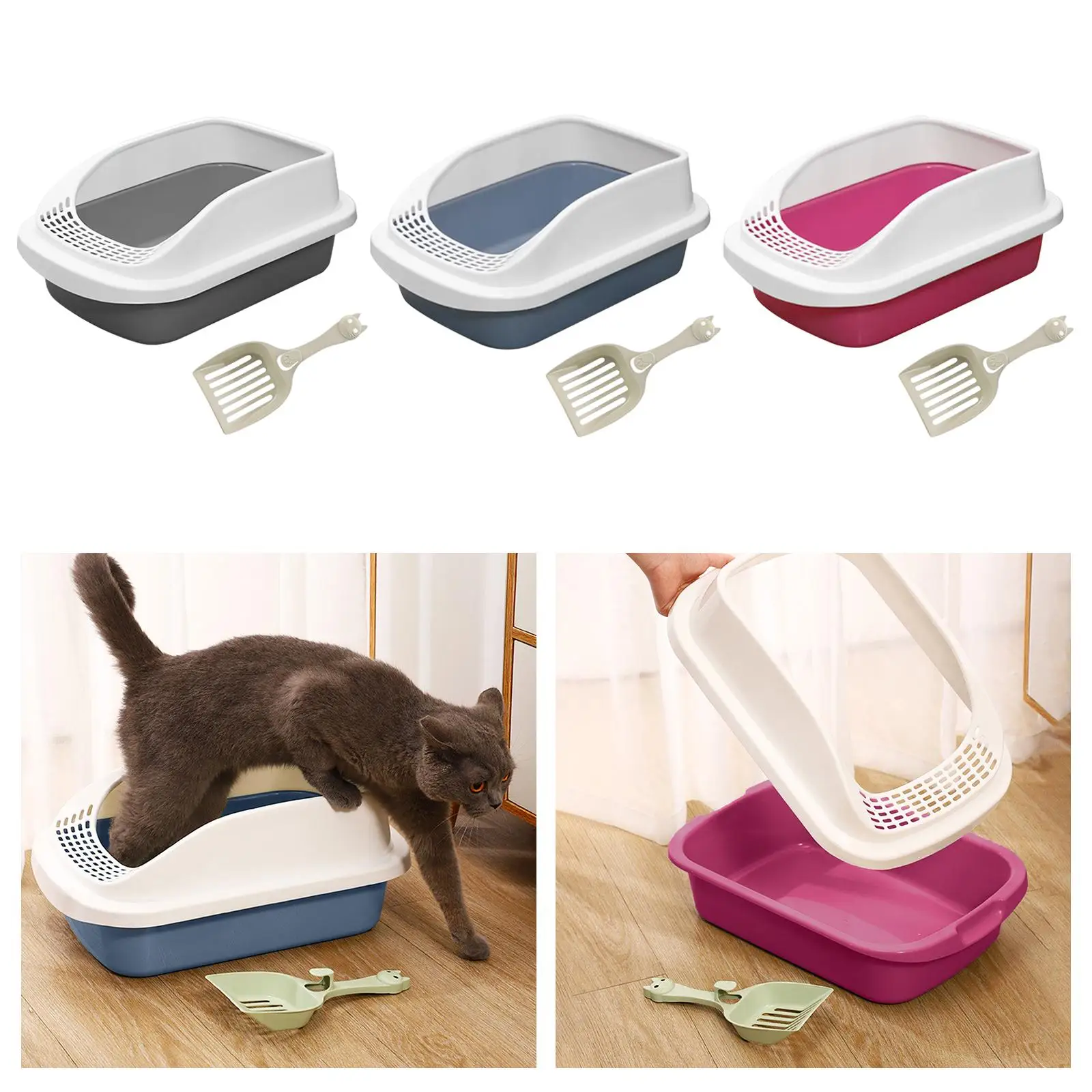 Litter Pan with Scoop Bedpan Cage Open Top Cat Litter Box Pets Litter Trays for Kitty Bunny Rabbit Kitten Small and Medium Cats