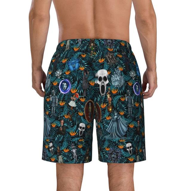 Men's Black Haunted Mansions Print Swim Trunks - Quick Dry, Loose Fit, With Pockets & Lining