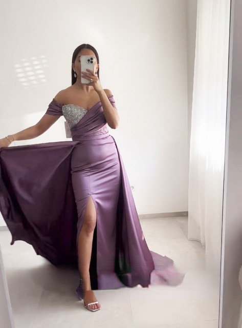 Vestido de noite roxo para a festa de casamento cetim fora do ombro frisado  elegante a linha longo vestidos de formatura vestido de celebridade -  AliExpress