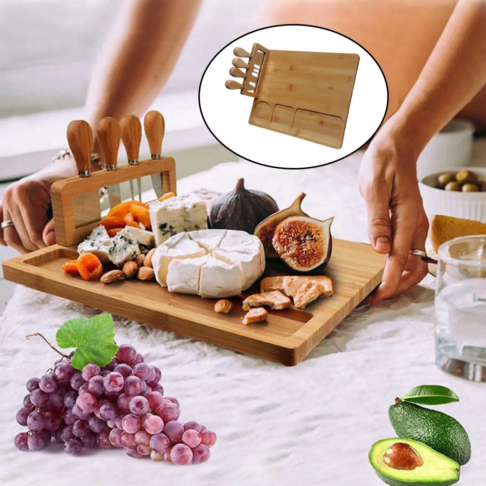 Wooden Platter Bamboo Cheese Board Set  with Cutter Serving Meat Board for Housewarming Anniversary Birthday Christmas Kitchen