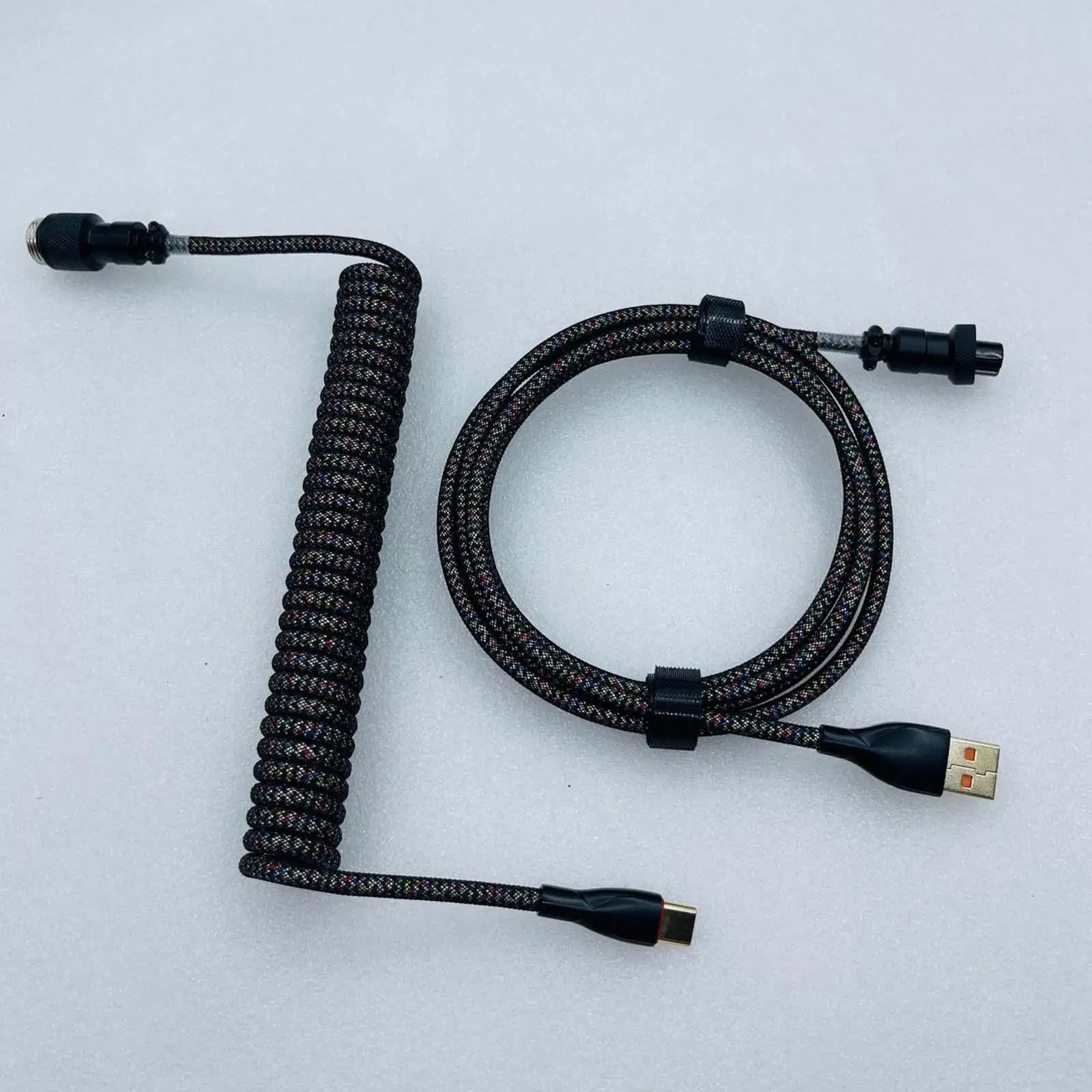 1.8M USB to Type C Coiled Cable Black Extendable Fast Charging Double Sleeved Metal DIY Split Cables for Mechanical Keyboard