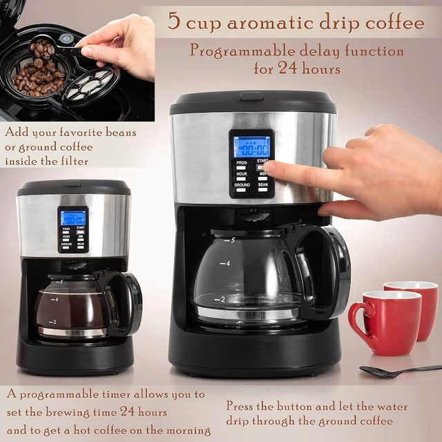 Mixpresso 5-Cup Drip Coffee Maker, Automatic Brew Coffee Pot Machine with  Built-In Burr Coffee Grinder - AliExpress