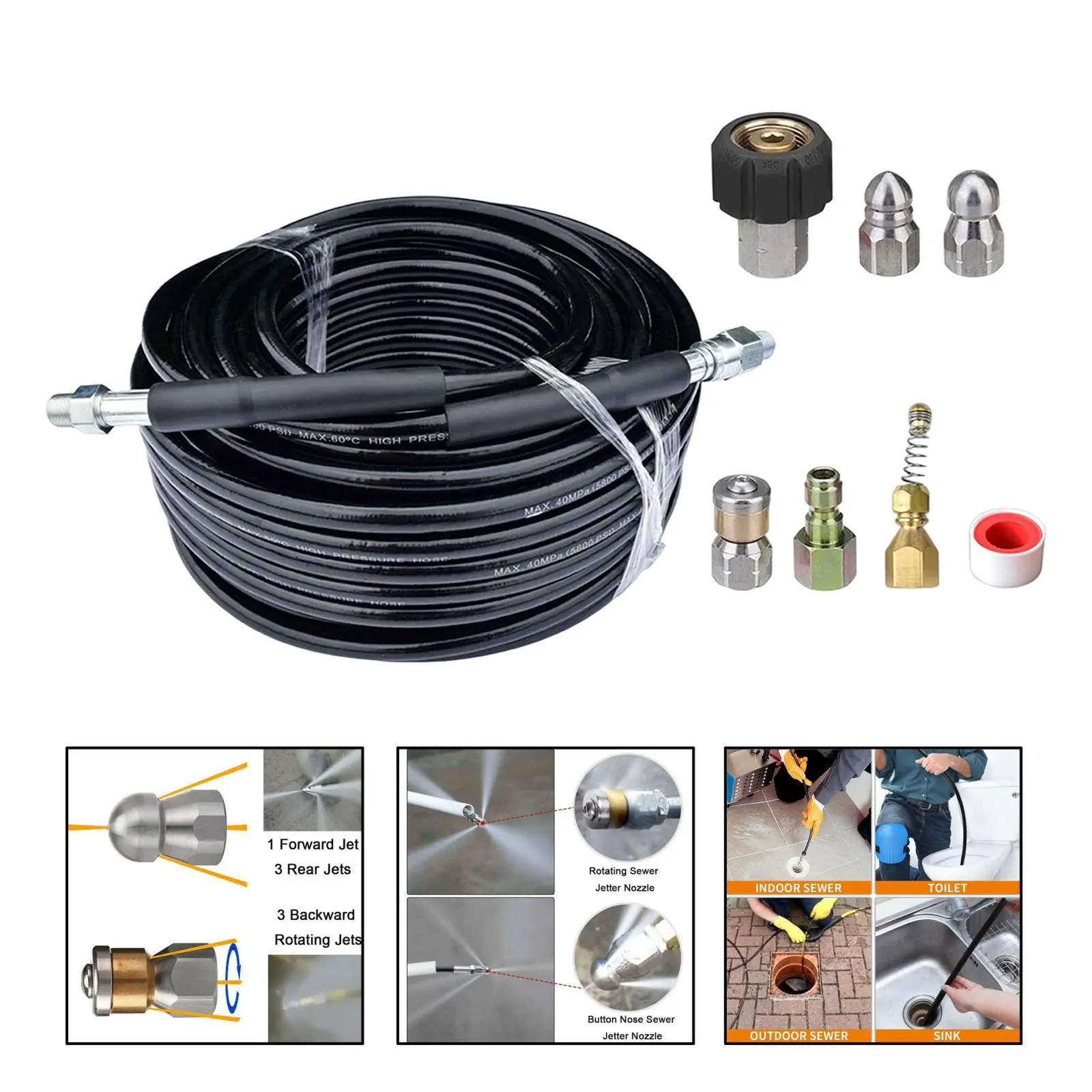 15M/50Ft High Pressure Washer Hose Lance with Washing Nozzle Drain Pipe Cleaning Hose Sewer Jetter set