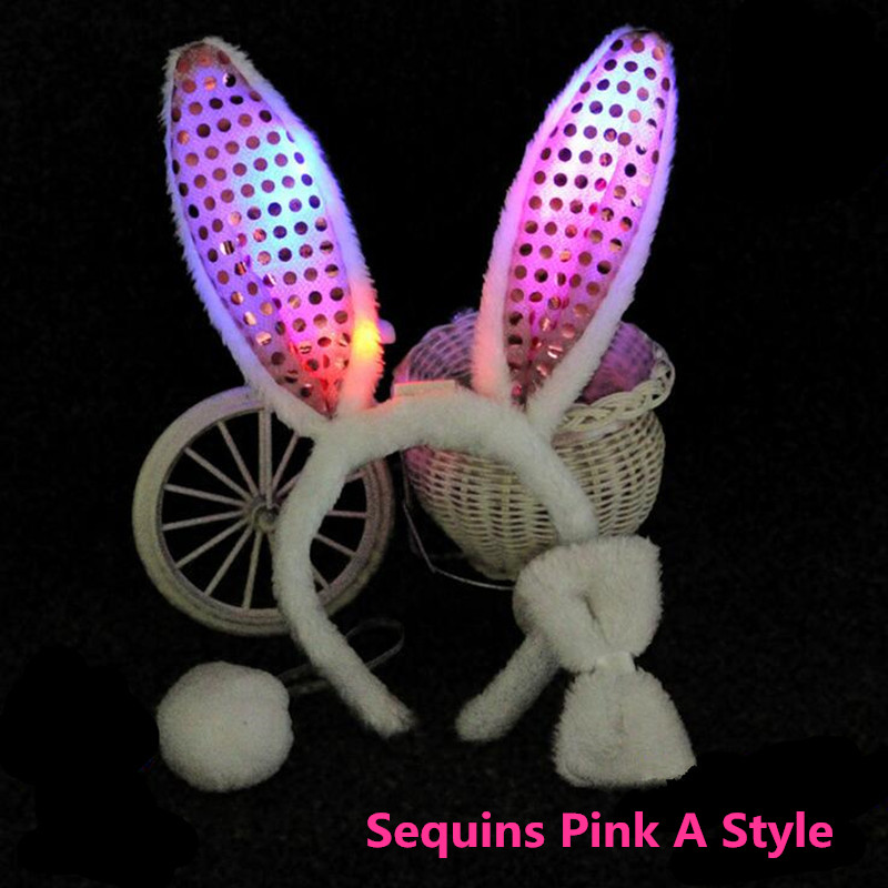 1 stücke Frauen Mädchen Rosa Leuchten Kaninchen Hase Ohr Stirnband Schwanz Fliege Glow Party Cosplay Geburtstag Ostern Hochzeit Festival – Detail 2