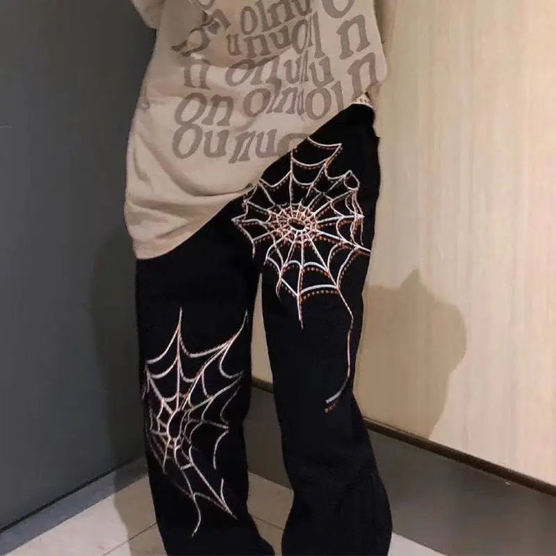 QWEEK Gothic Grunge Spider Wed Print Oversize Black Baggy Jeans Women Hippie High Street Wide Leg Denim Pants Emo Trousers black ripped jeans