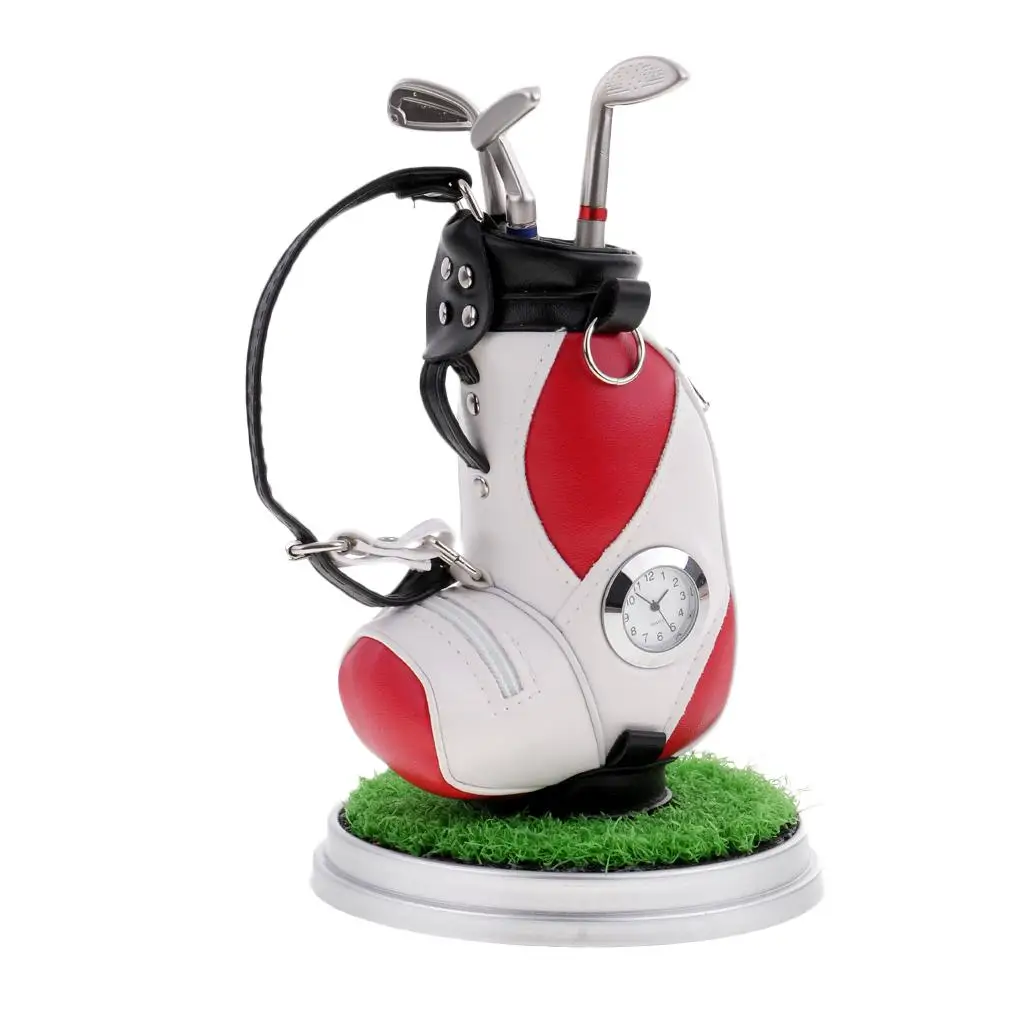Mini Golf Bag Pen Holder With Lawn Base Clock And Three Golf Club Pens Decoration Gift