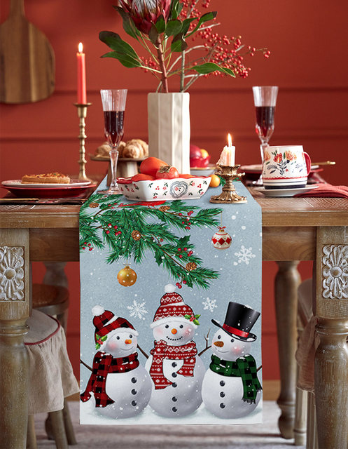 Christmas Snowman Robin Pine Berry Linen Table Runners Party Decoration  Washable Table Runner for Dining Navidad Decoration 2023