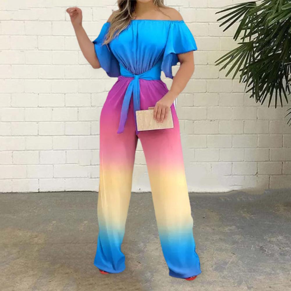 mulheres macacão moda plus size calças mulheres macacão slinky gradiente barco pescoço perna larga calças compridas boho bandagem senhora macacão