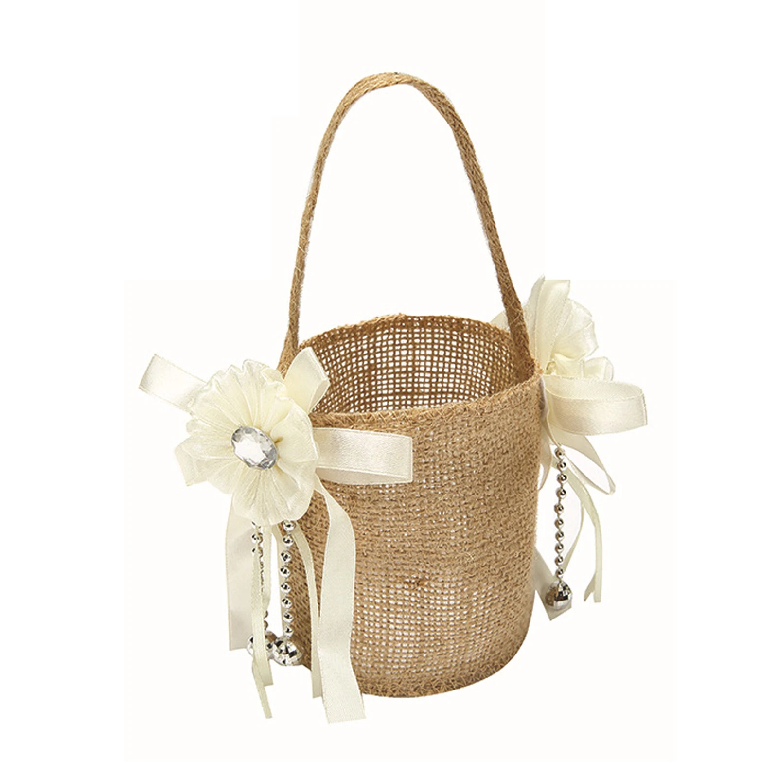 Vintage Rustic Hessian Burlap Lace Bowknot Flower Girl Basket Wedding Favors 