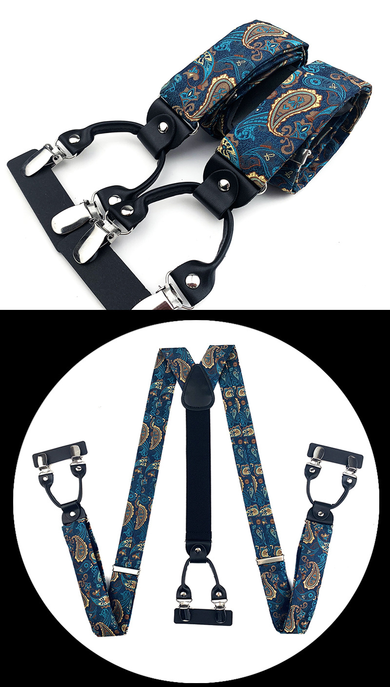 VEEKTIE Brand Suspender For Men 6 Snap Hooks Y-back Adjustable Jacquard Floral Check Shirts Paisley Yellow Blue Vintage Retro