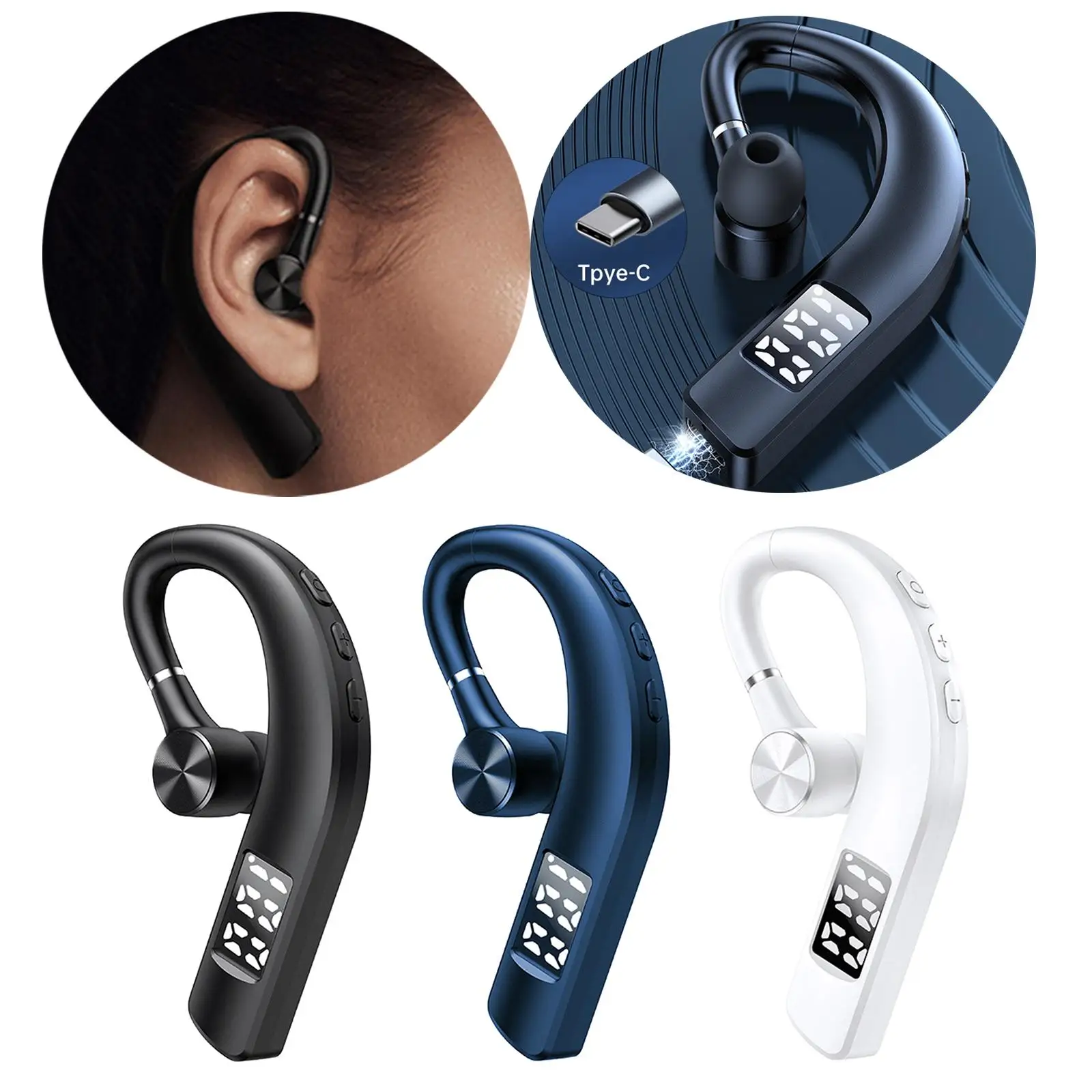 Bluetooth Headset Ear Hook Built-In HD Microphone HD Calling for Business
