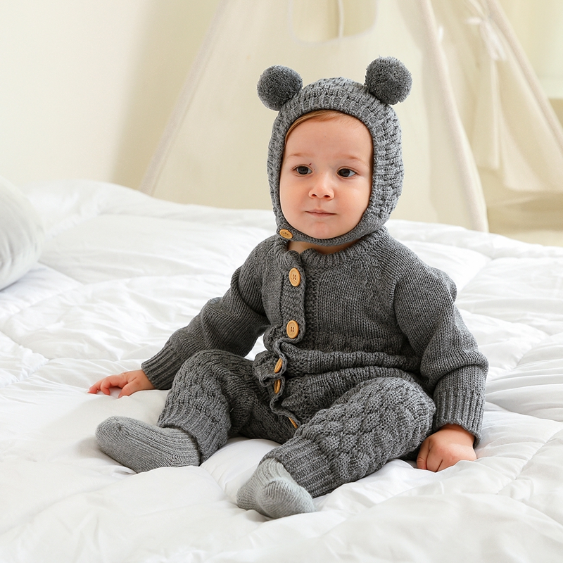 Infant Neugeborenen Baby 2PCS Winter Warme Outfits, Lange Ärmel Einfarbig Gestrickte Romper + Bär Hut Set – Detail 8