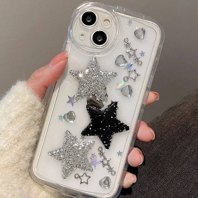 Korean INS Black Epoxy Glittering Stars Artificial Gems Case for