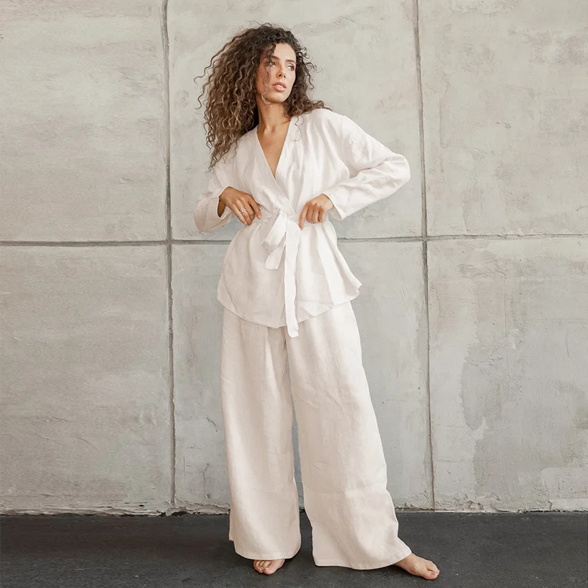 100% Cotton Women Pajama Robe Sets  Lace Up Long Sleeve Nightgown Set Woman 2 Pieces Sets  Casual Trouser Sleepwear  Suits sexy pajama sets