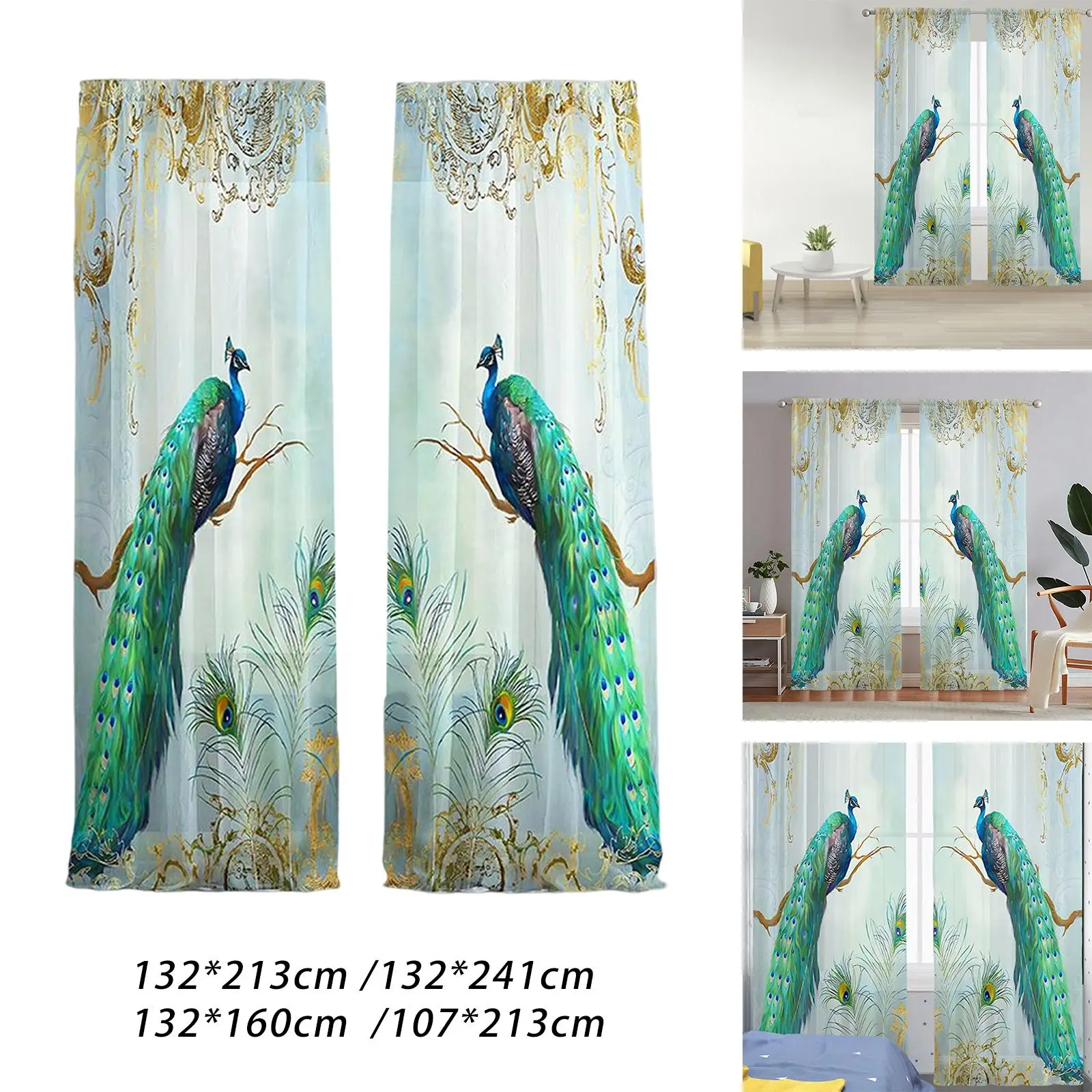 2x Peacock Blue Tulle Curtains Window Treatment Drapes for Dining Room Window Bedroom